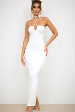 Oh Polly Women'S Clothing Sale - $65 And Under | Women'S Clothing Sale - $40 And Under^Slinky Jersey Rose Detail Halter Neck Maxi Dress in White