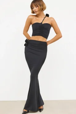 Oh Polly Women'S Clothing Sale - $65 And Under | Women'S Clothing Sale - $40 And Under^Slinky Jersey Rose Detail Mid-Rise Maxi Skirt in Black
