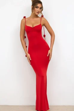 Oh Polly Party Dresses | Birthday^Slinky Jersey Rose Detail Evening Gown in Scarlet Red ScarletRed