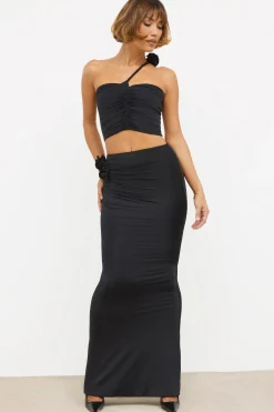 Oh Polly Women'S Clothing Sale - $65 And Under | Women'S Clothing Sale - $40 And Under^Slinky Jersey Rose Detail Mid-Rise Maxi Skirt in Black