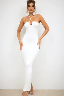 Oh Polly Women'S Clothing Sale - $65 And Under | Women'S Clothing Sale - $40 And Under^Slinky Jersey Rose Detail Halter Neck Maxi Dress in White