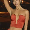 Oh Polly Co-Ords | Tops^Slinky Jersey Ruched Hardware Detail Strapless Top in Burnt Orange BurntOrange