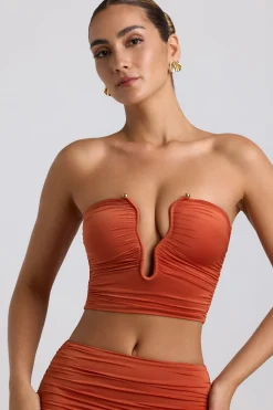 Oh Polly Co-Ords | Tops^Slinky Jersey Ruched Hardware Detail Strapless Top in Burnt Orange BurntOrange