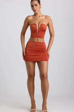 Oh Polly Co-Ords | Tops^Slinky Jersey Ruched Hardware Detail Strapless Top in Burnt Orange BurntOrange