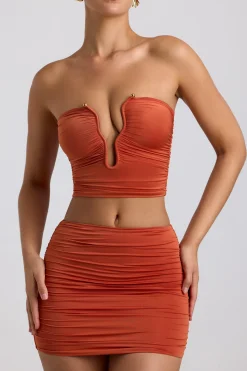 Oh Polly Co-Ords | Tops^Slinky Jersey Ruched Hardware Detail Strapless Top in Burnt Orange BurntOrange