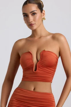 Oh Polly Co-Ords | Tops^Slinky Jersey Ruched Hardware Detail Strapless Top in Burnt Orange BurntOrange