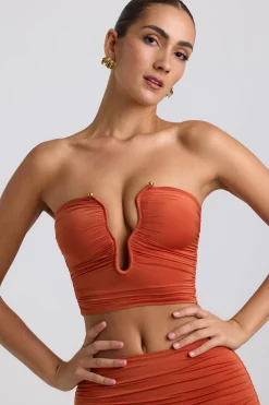 Oh Polly Co-Ords | Tops^Slinky Jersey Ruched Hardware Detail Strapless Top in Burnt Orange BurntOrange