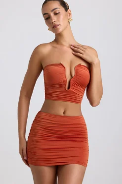 Oh Polly Co-Ords | Tops^Slinky Jersey Ruched Hardware Detail Strapless Top in Burnt Orange BurntOrange