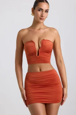 Oh Polly Co-Ords | Tops^Slinky Jersey Ruched Hardware Detail Strapless Top in Burnt Orange BurntOrange