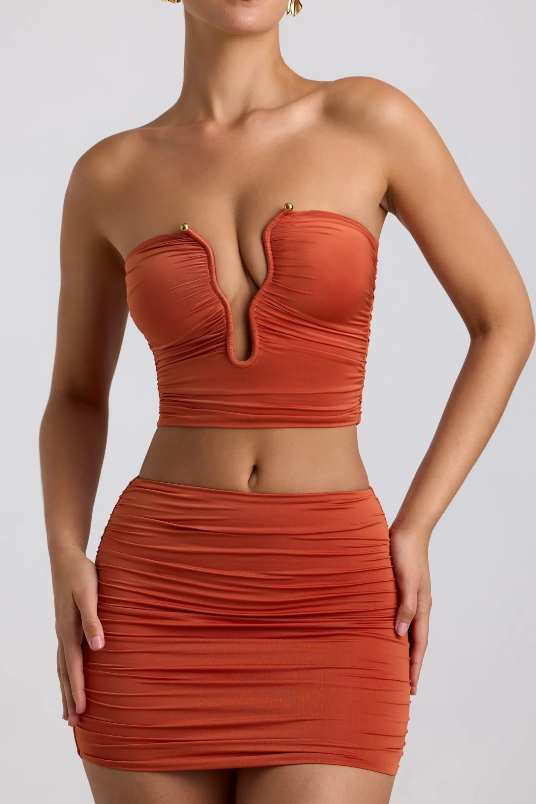 Oh Polly Women'S Clothing Sale - $65 And Under | Women'S Clothing Sale - $40 And Under^Slinky Jersey Ruched Micro Mini Skirt in Burnt Orange BurntOrange