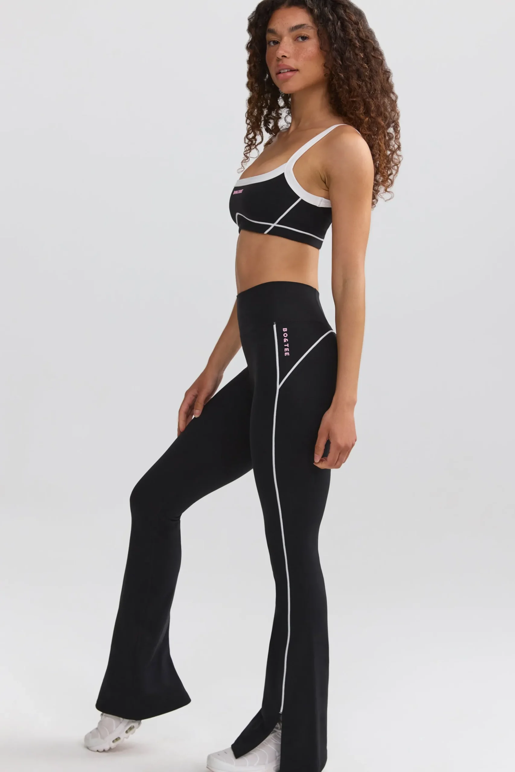 Oh Polly Matching Sets^Soft Active Contrast-Trim Flared Trousers in Black