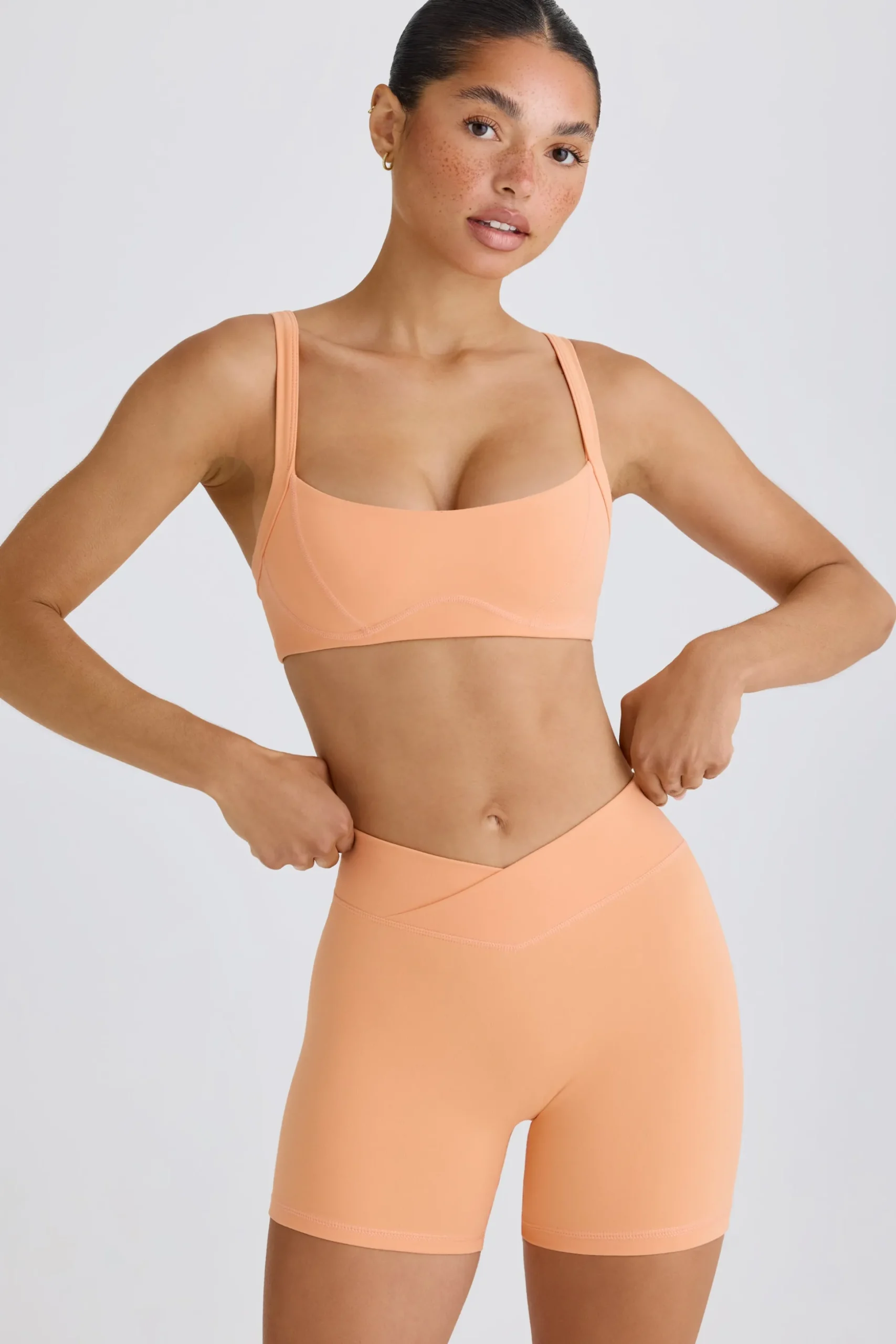 Oh Polly Matching Sets | Shorts^Soft Active Crossover Mini Shorts in Peach
