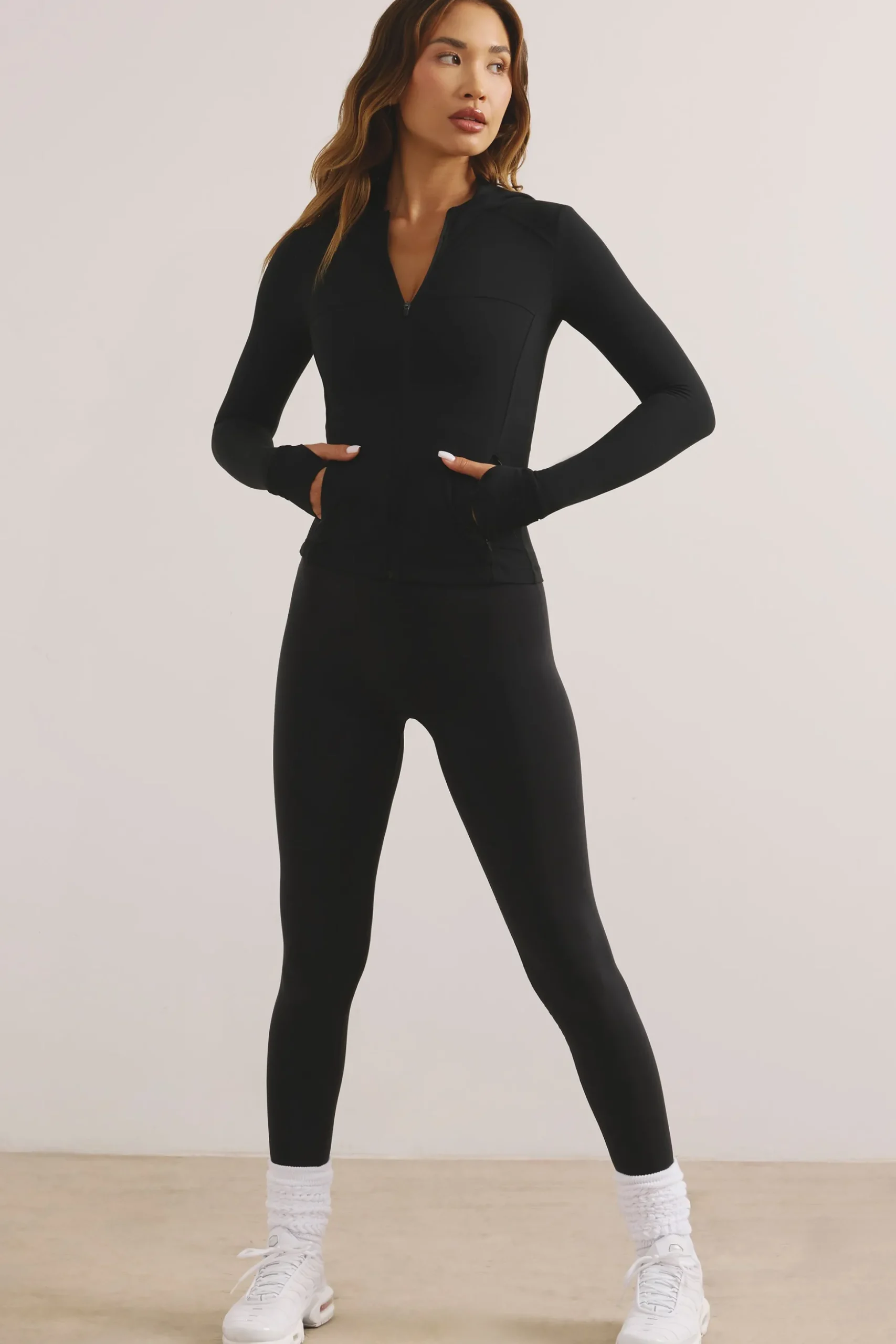 Oh Polly Matching Sets^Soft Active Hooded Zip Up Jacket in Jet Black JetBlack