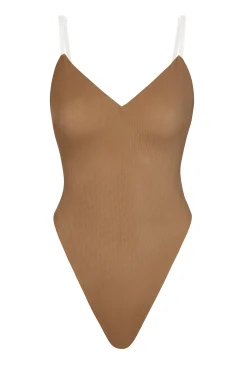Oh Polly Lounge & Intimates | Bra Solutions^Soft Mesh V-Neck Bodysuit in Almond