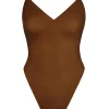 Oh Polly Lounge & Intimates | Bra Solutions^Soft Mesh V-Neck Bodysuit in Chestnut