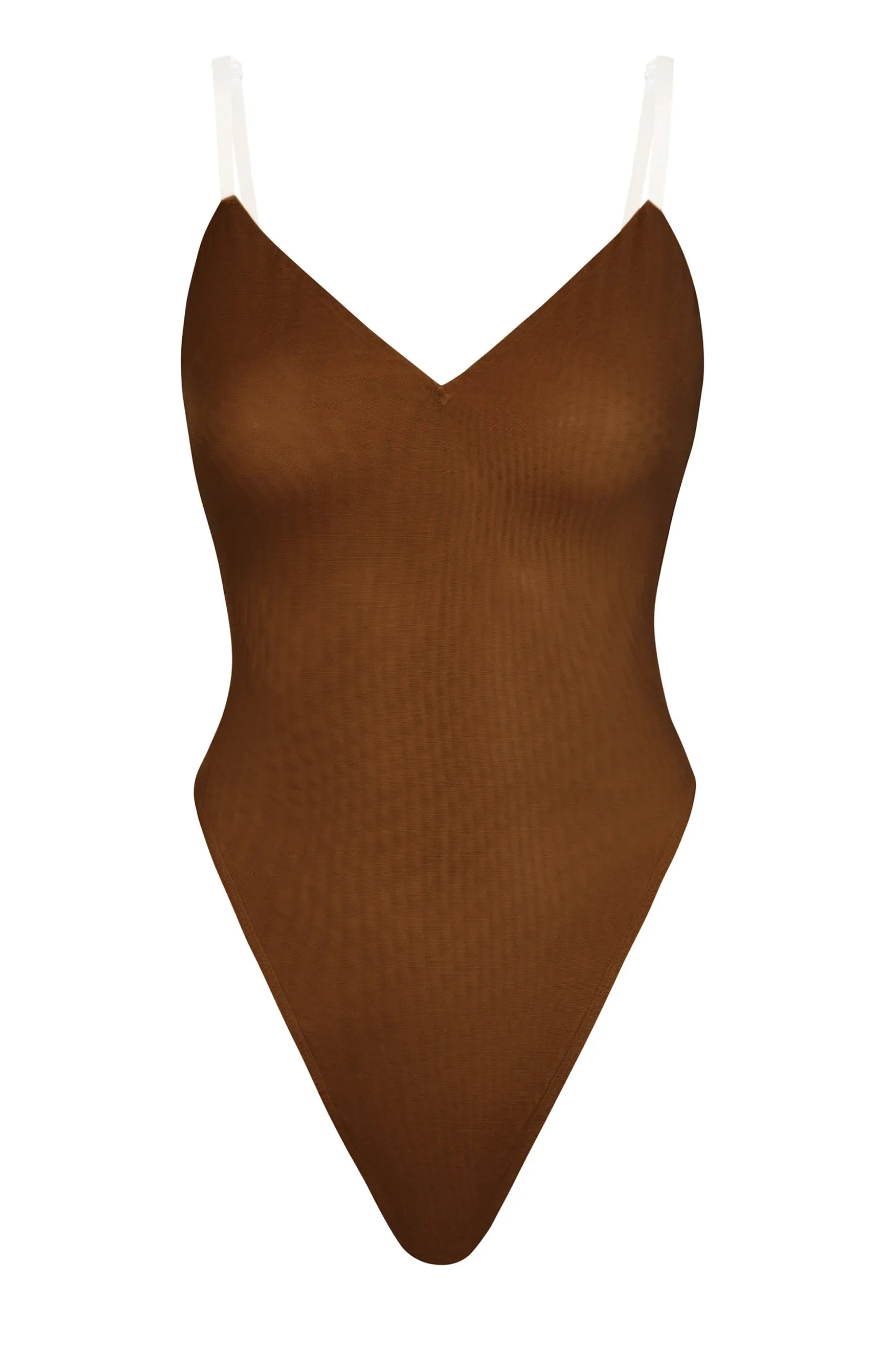 Oh Polly Lounge & Intimates | Bra Solutions^Soft Mesh V-Neck Bodysuit in Chestnut