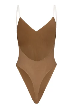 Oh Polly Lounge & Intimates | Bra Solutions^Soft Mesh V-Neck Bodysuit in Almond