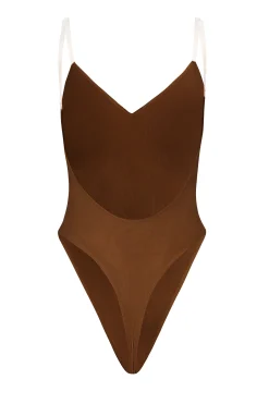 Oh Polly Lounge & Intimates | Bra Solutions^Soft Mesh V-Neck Bodysuit in Chestnut