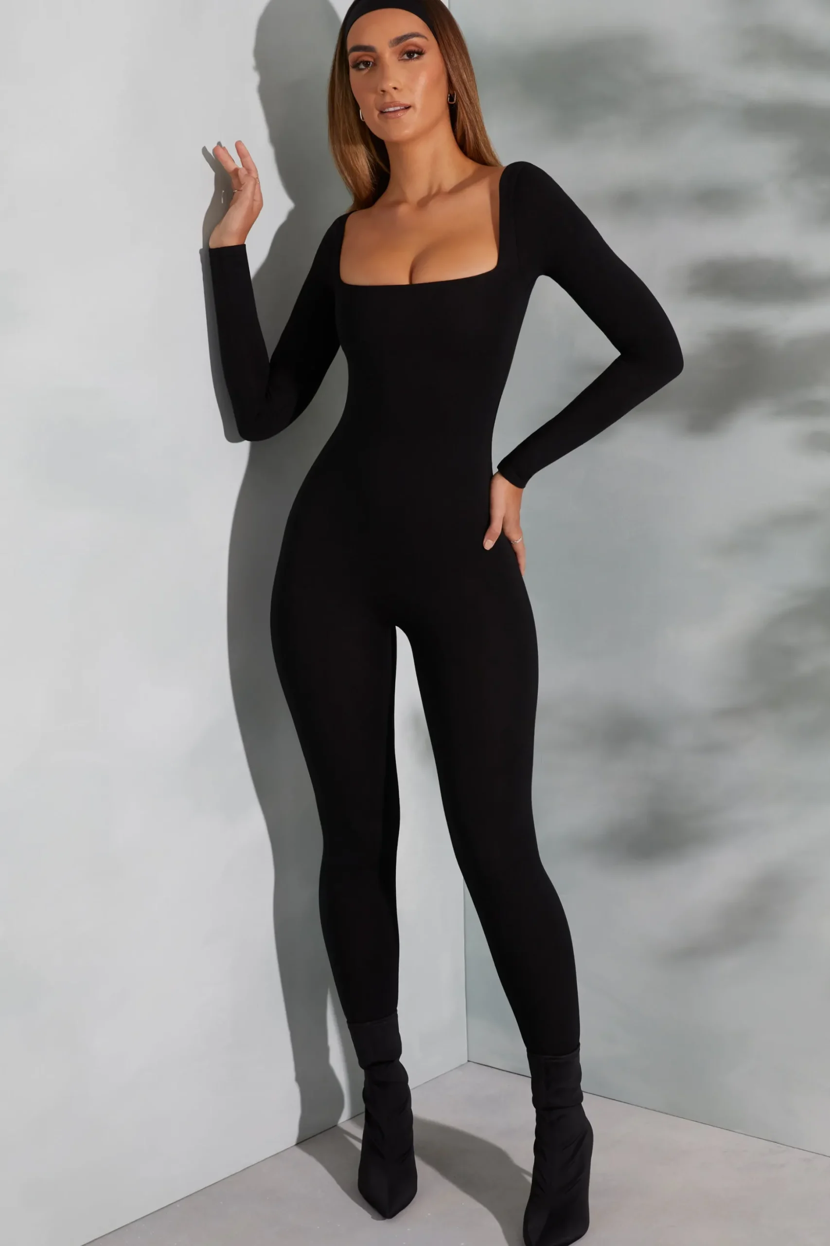 Oh Polly Jumpsuits & Unitards^Square Neck Long Sleeve Jumpsuit in Black