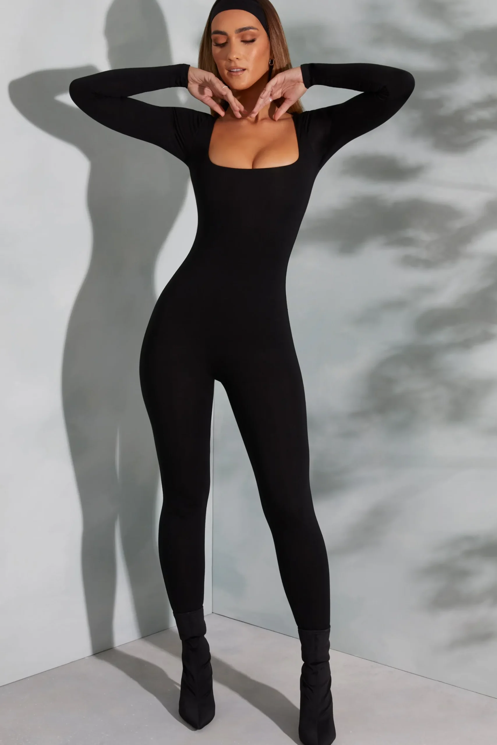 Oh Polly Jumpsuits & Unitards^Square Neck Long Sleeve Jumpsuit in Black