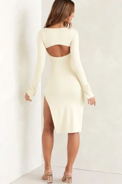 Oh Polly Bride To Be^Square Neck Long Sleeve Midi Dress in Ivory