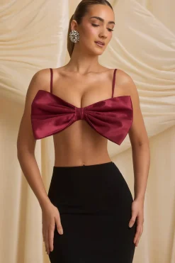Oh Polly Tops^Strapless Bow Crop Top in Wine Red WineRed