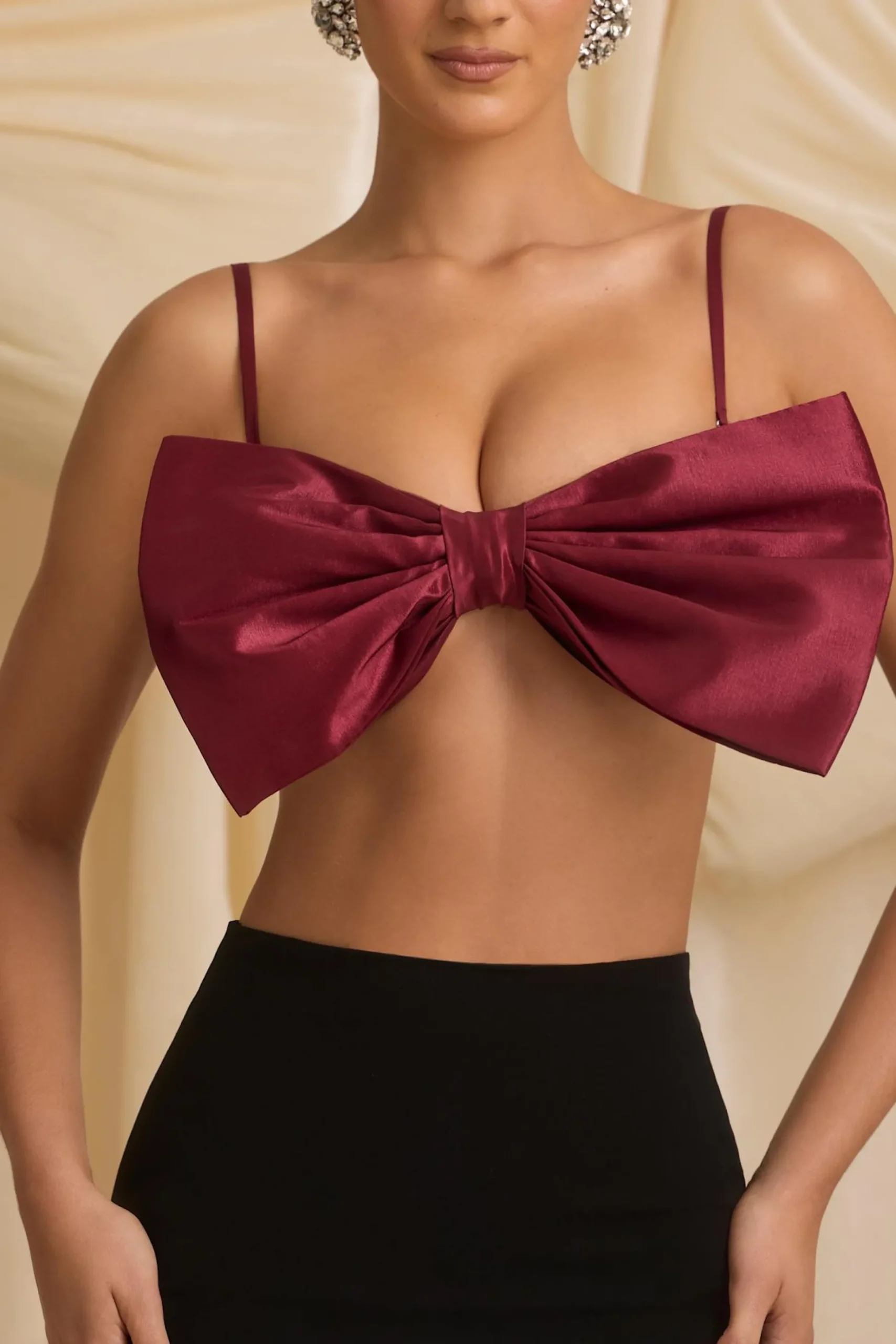 Oh Polly Tops^Strapless Bow Crop Top in Wine Red WineRed