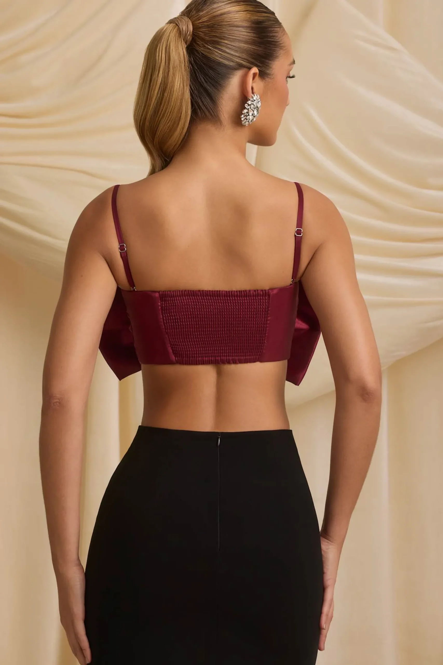 Oh Polly Tops^Strapless Bow Crop Top in Wine Red WineRed