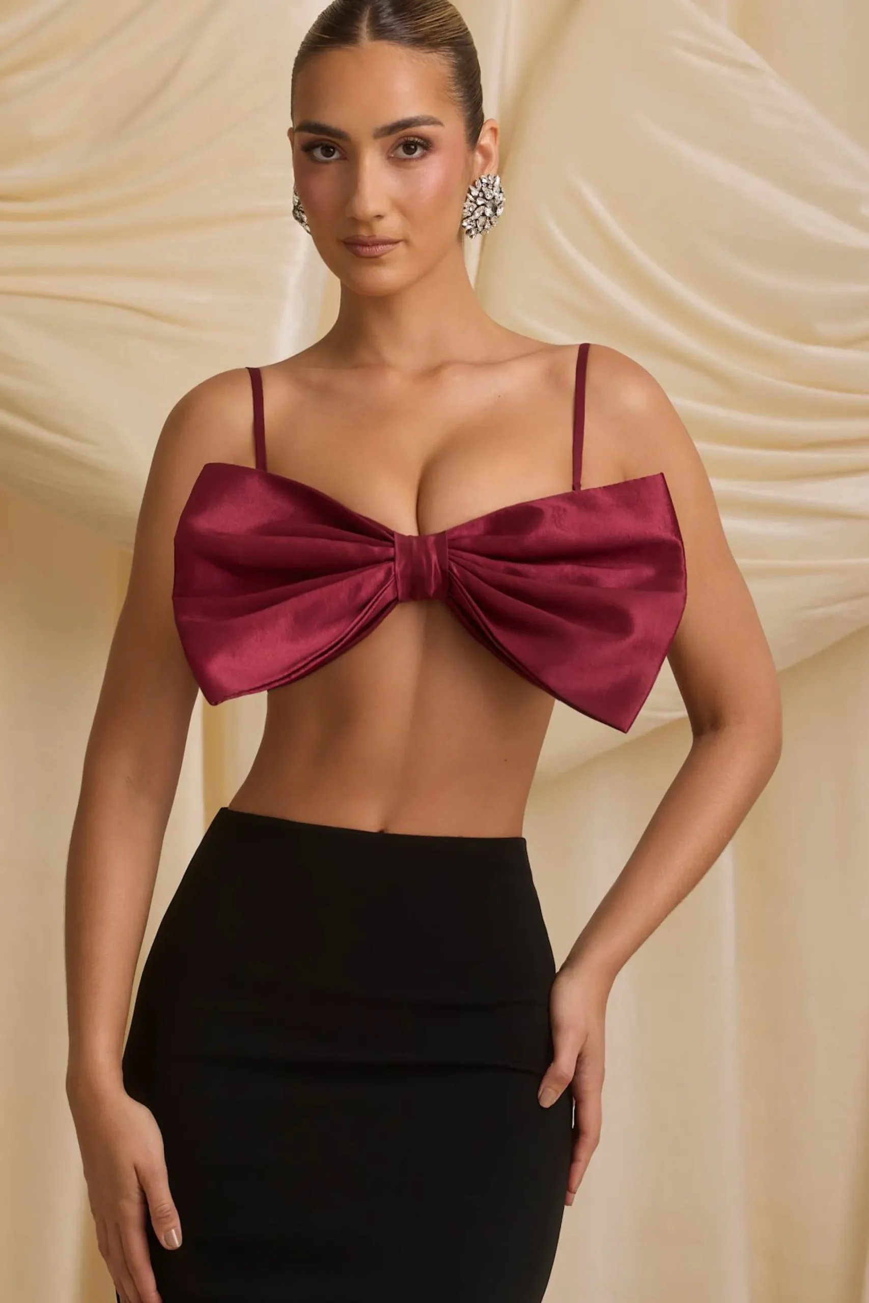 Oh Polly Tops^Strapless Bow Crop Top in Wine Red WineRed