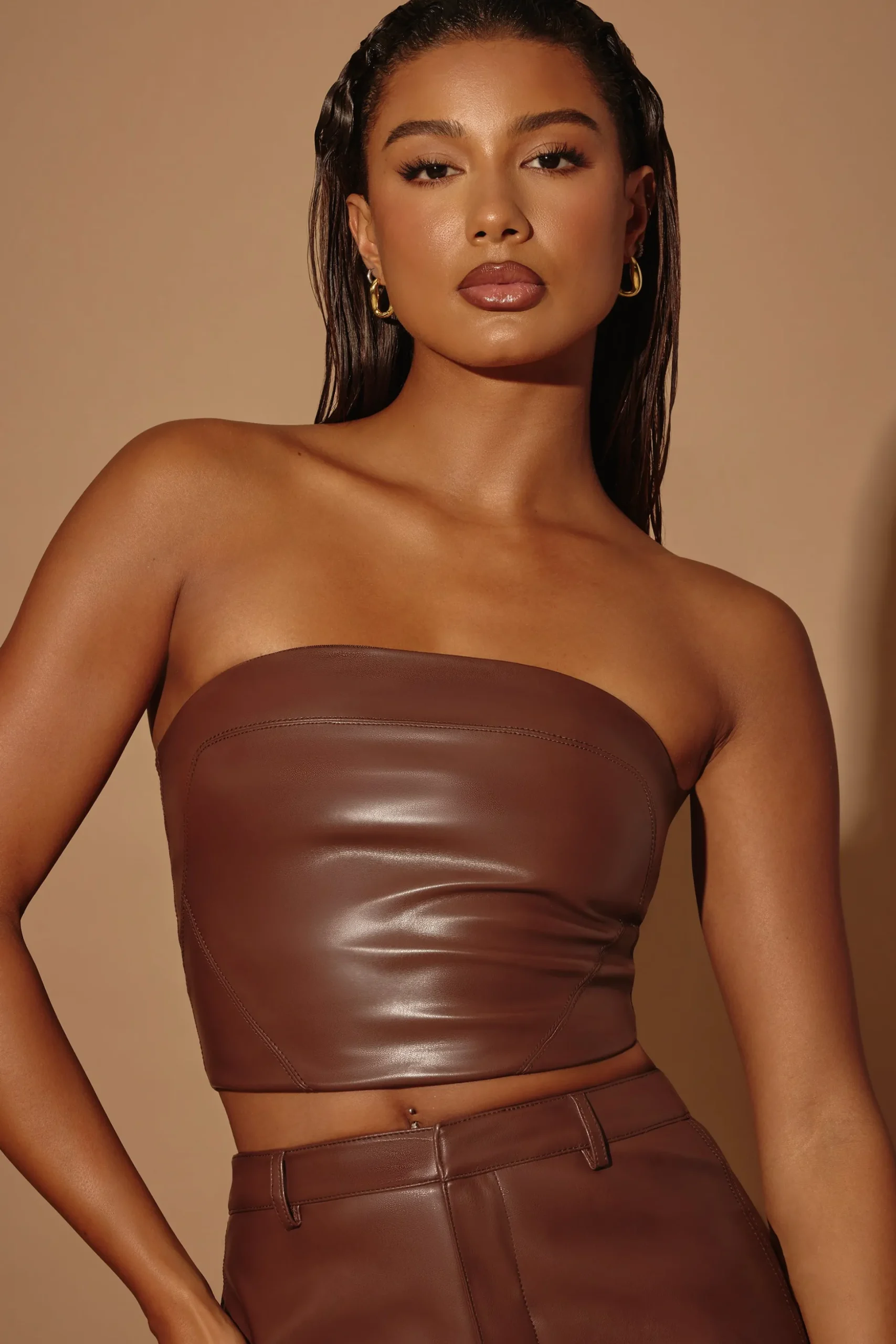 Oh Polly Women'S Clothing Sale - $65 And Under | Women'S Clothing Sale - $40 And Under^Strapless Vegan Leather Corset Top in Brown