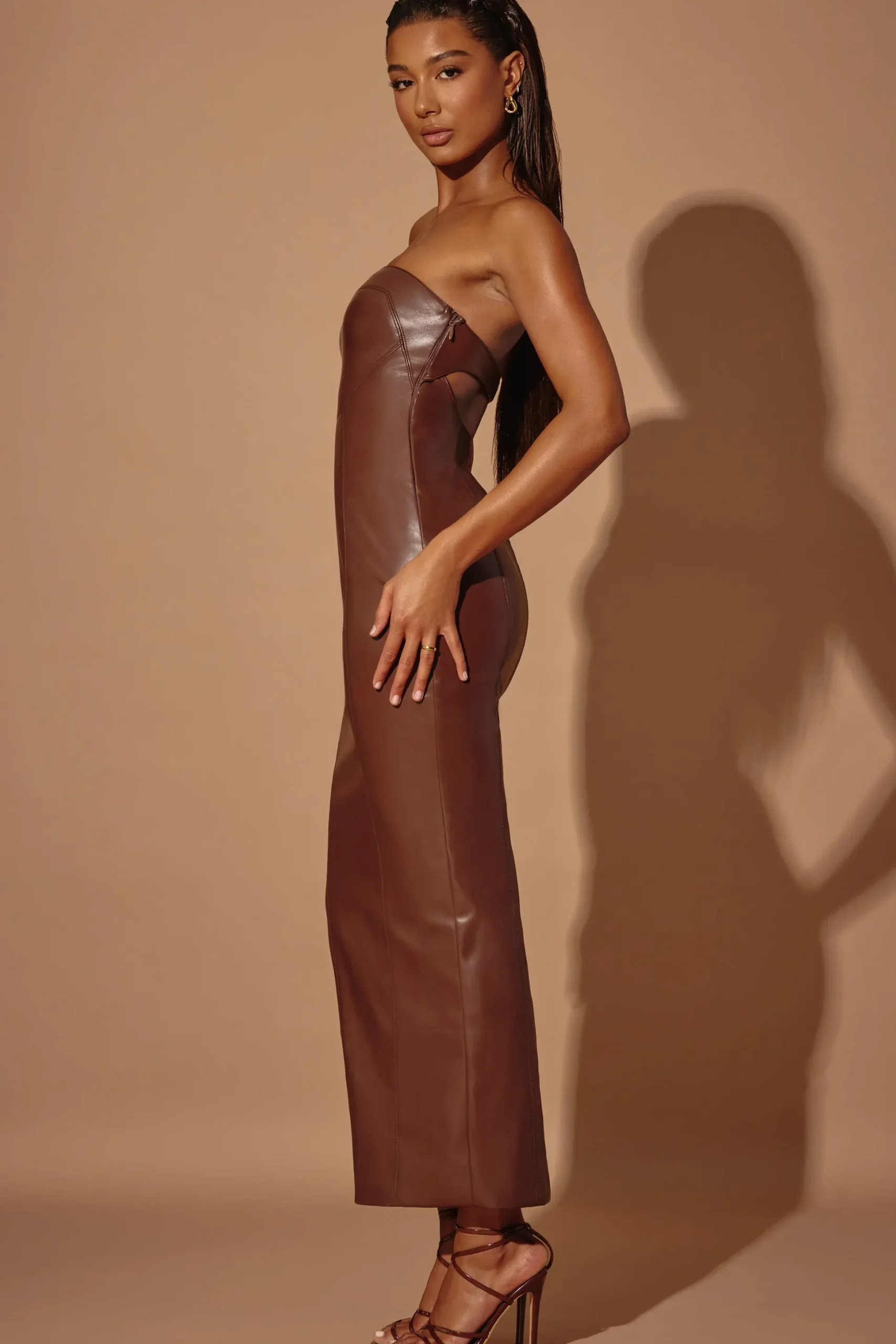 Oh Polly Women'S Clothing Sale - $65 And Under^Strapless Vegan Leather Maxi Dress in Brown