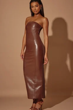 Oh Polly Women'S Clothing Sale - $65 And Under^Strapless Vegan Leather Maxi Dress in Brown