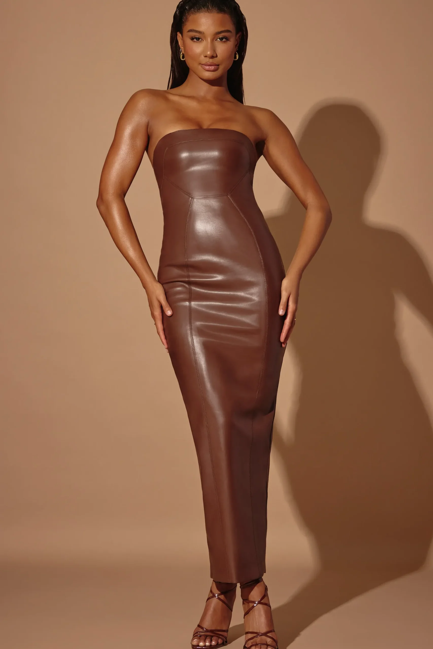 Oh Polly Women'S Clothing Sale - $65 And Under^Strapless Vegan Leather Maxi Dress in Brown