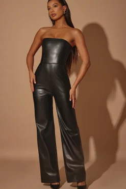 Oh Polly Women'S Clothing Sale - $65 And Under^Strapless Wide Leg Vegan Leather Jumpsuit in Black