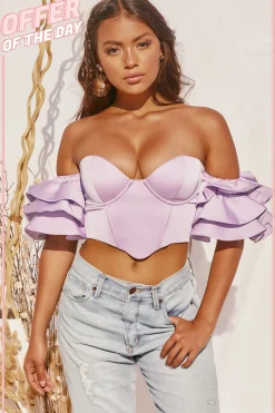 Oh Polly Women'S Clothing Sale - $65 And Under | Women'S Clothing Sale - $40 And Under^Sweet Bliss Bardot Ruffle Sleeve Crop Top in Lilac
