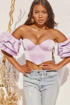 Oh Polly Women'S Clothing Sale - $65 And Under | Women'S Clothing Sale - $40 And Under^Sweet Bliss Bardot Ruffle Sleeve Crop Top in Lilac