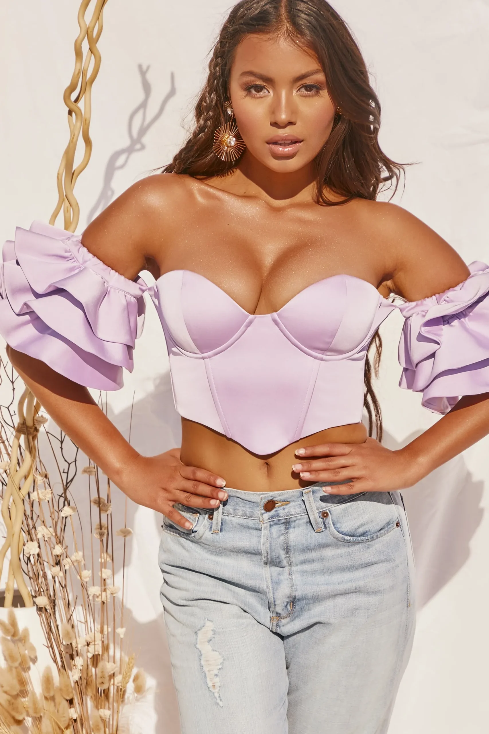 Oh Polly Women'S Clothing Sale - $65 And Under | Women'S Clothing Sale - $40 And Under^Sweet Bliss Bardot Ruffle Sleeve Crop Top in Lilac