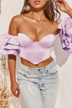 Oh Polly Women'S Clothing Sale - $65 And Under | Women'S Clothing Sale - $40 And Under^Sweet Bliss Bardot Ruffle Sleeve Crop Top in Lilac