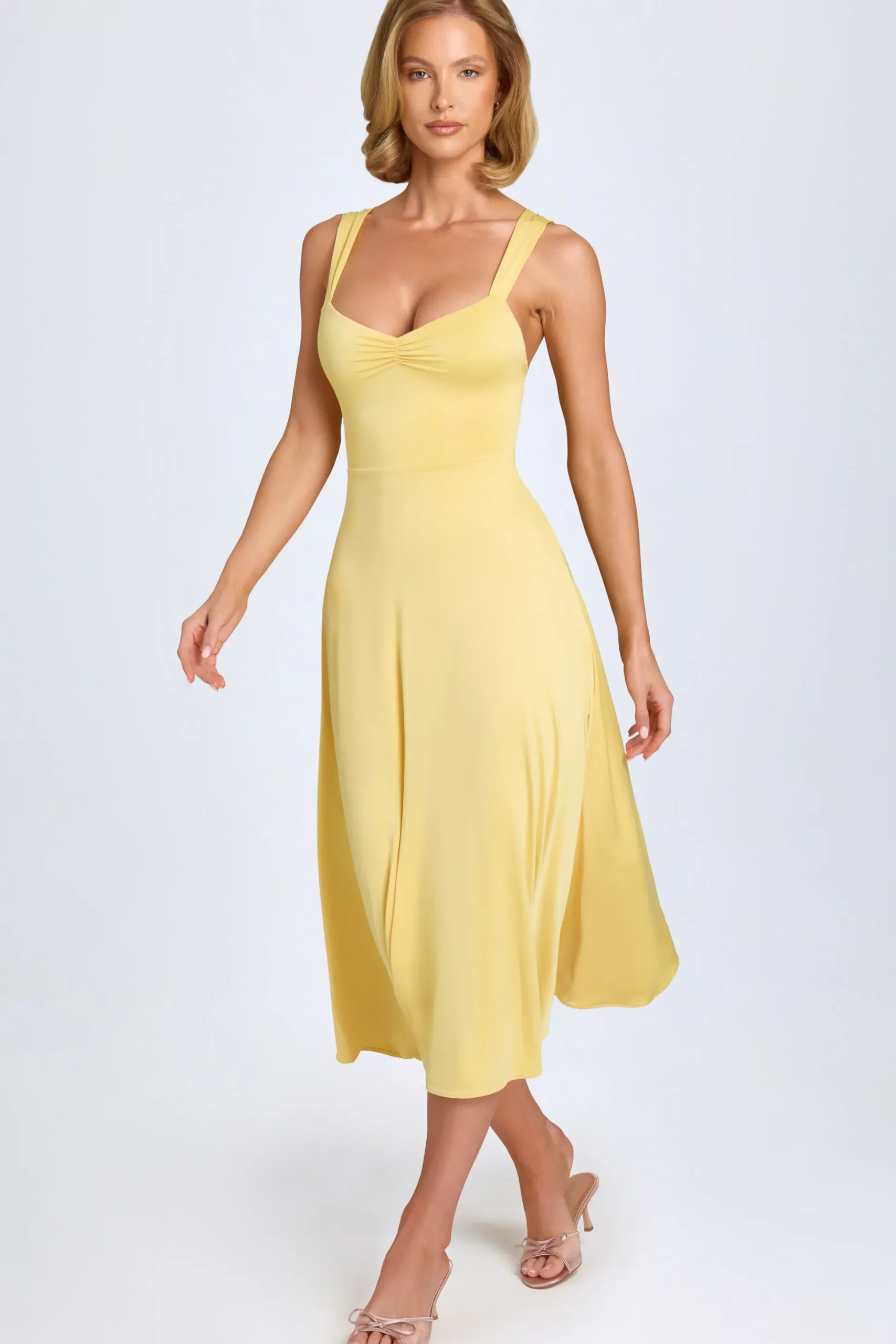 Oh Polly Wedding Guest^Sweetheart-Neck Ruched Midaxi Dress in Pastel Yellow PastelYellow