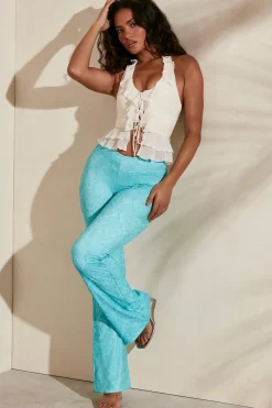 Oh Polly Women'S Clothing Sale - $65 And Under | Women'S Clothing Sale - $40 And Under^Tall Lace Up Detail Flare Trousers in Teal Print TealPrint