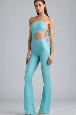 Oh Polly Women'S Clothing Sale - $65 And Under | Women'S Clothing Sale - $40 And Under^Tall Metallic Ruched Cut-Out Flared Jumpsuit in Ice Blue IceBlue