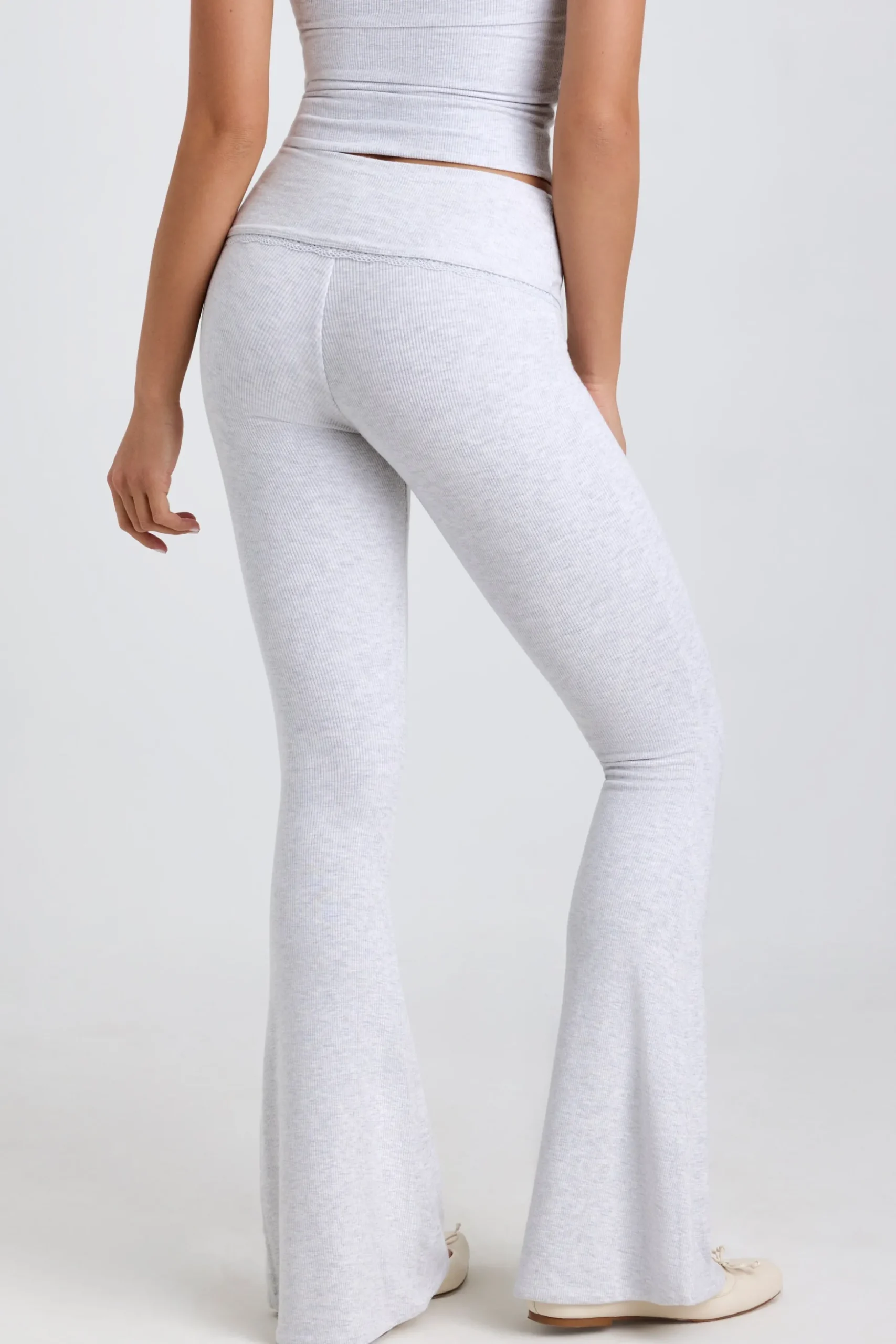 Oh Polly Elevated Essentials^Tall Ribbed Modal Mid-Rise Foldover Flared Trousers in Grey