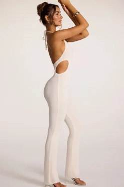 Oh Polly Women'S Clothing Sale - $65 And Under^Tall Textured Jersey Halter Neck Ruched Cut Out Jumpsuit in Ivory