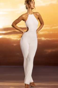 Oh Polly Women'S Clothing Sale - $65 And Under^Tall Textured Jersey Halter Neck Ruched Cut Out Jumpsuit in Ivory