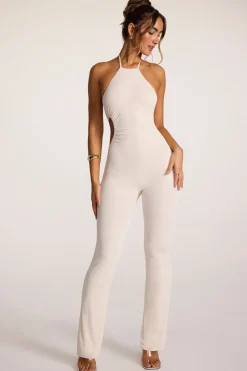 Oh Polly Women'S Clothing Sale - $65 And Under^Tall Textured Jersey Halter Neck Ruched Cut Out Jumpsuit in Ivory