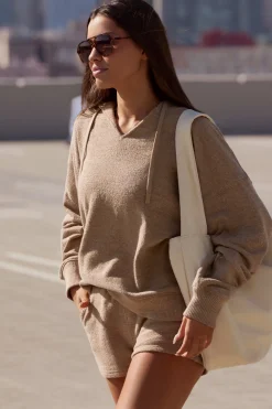 Oh Polly Tracksuits | Sweatshirts^Terry Towelling V-Neck Hoodie in Mocha Brown MochaBrown