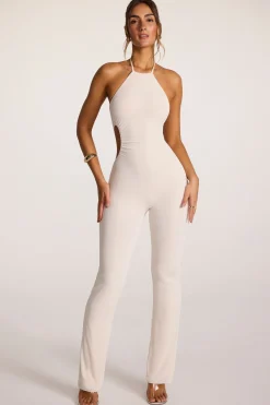 Oh Polly Jumpsuits & Unitards^Textured Jersey Halter Neck Ruched Cut Out Jumpsuit in Ivory