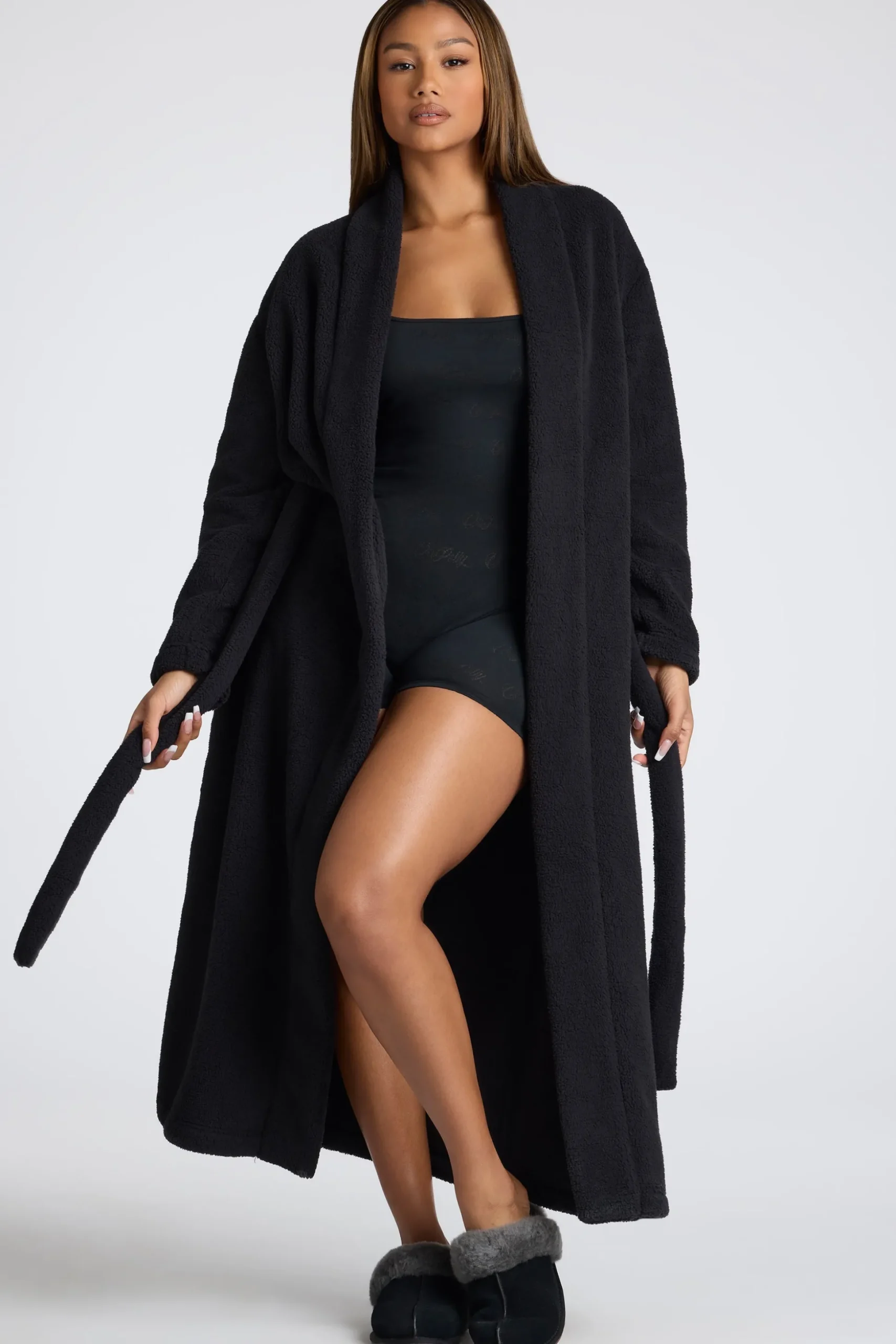 Oh Polly Lounge & Intimates^Tie Front Fleece Robe in Black