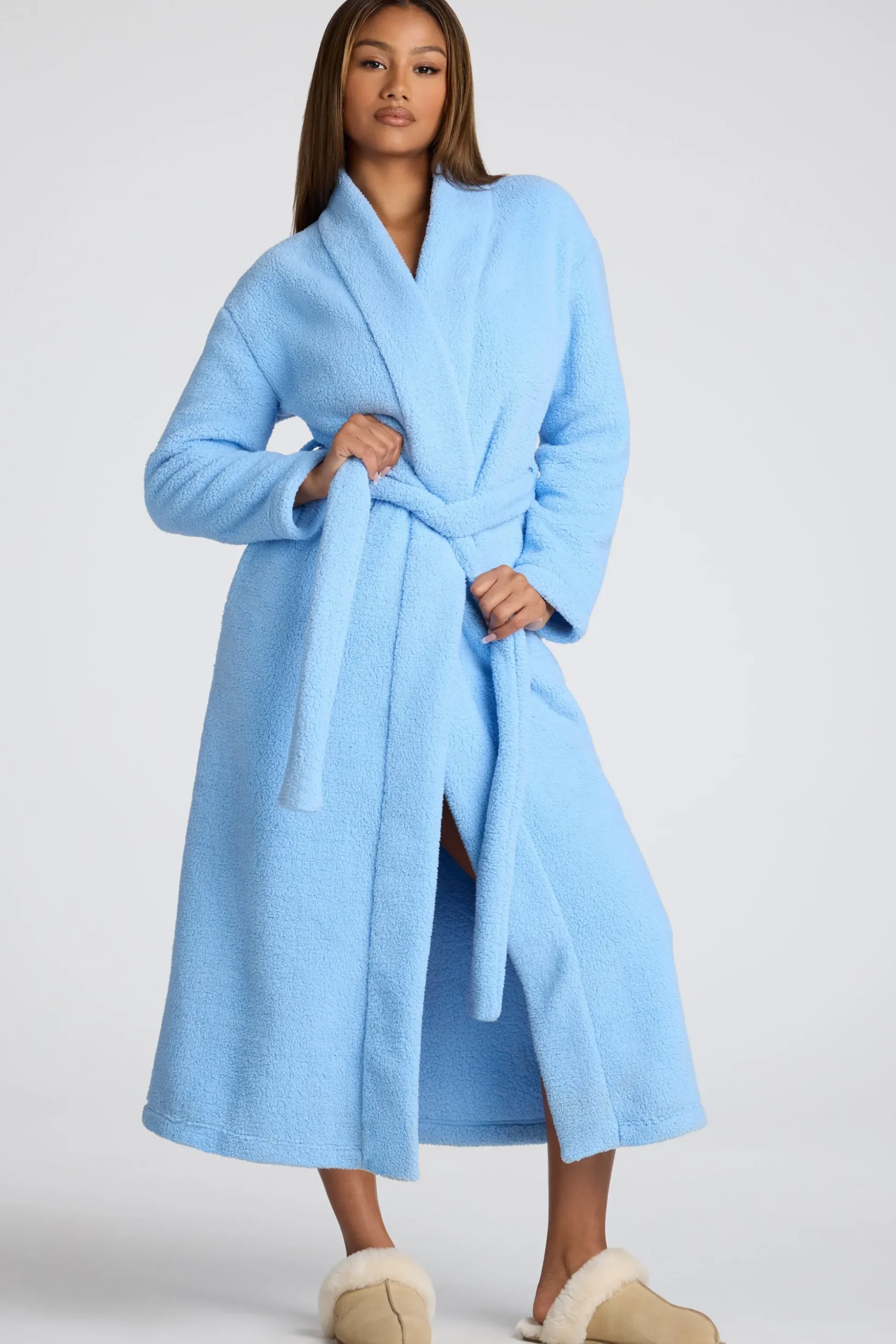 Oh Polly Lounge & Intimates^Tie Front Fleece Robe in Baby Blue BabyBlue