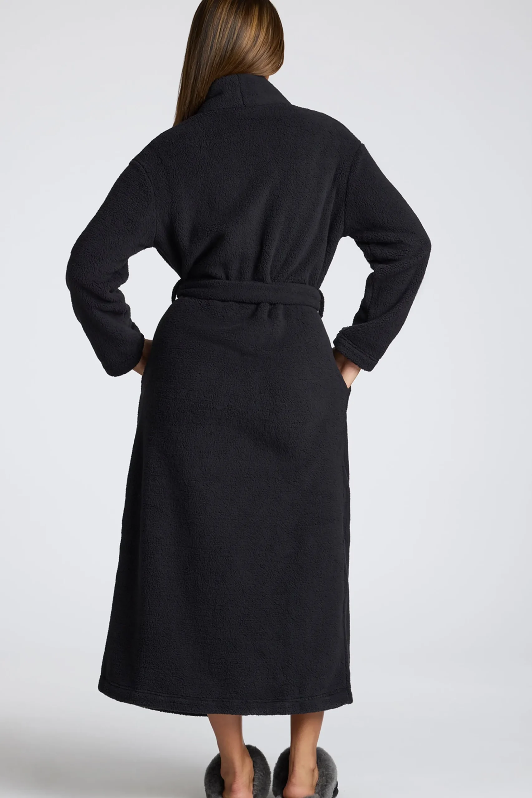 Oh Polly Lounge & Intimates^Tie Front Fleece Robe in Black
